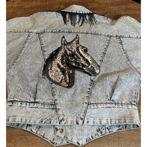 VTG Acid Washed Denim Jacket Women's Med Sequin Horse Beaded Fringe Retro Rodeo